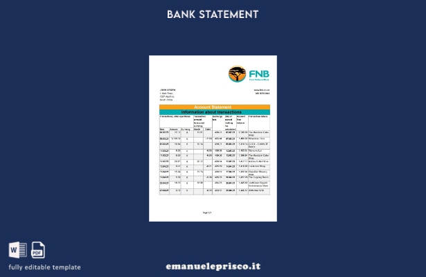 Modello Excel di estratto conto FNB Sudafrica in stile verificato